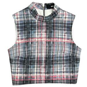 Nicholas Silk Crop Top Plaid Sleeveless High Neck Blouse Mock Neck Shirt sz 2 XS
